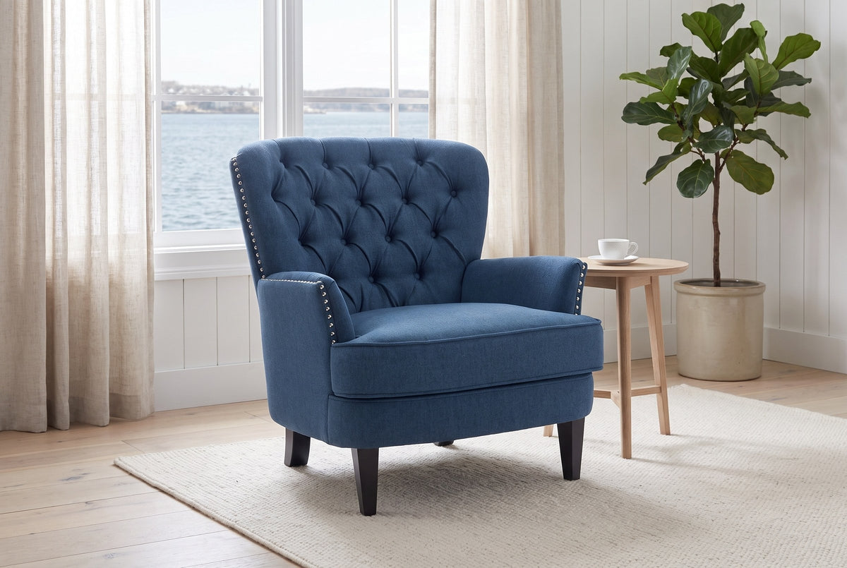 Feltre chair in Navy Blue in a white-panelled Halifax living room with a harbour view and a pale oak side table