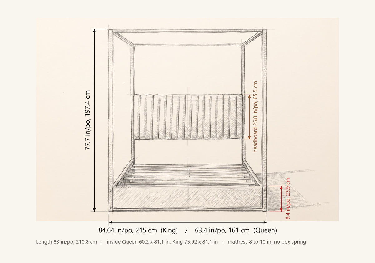 Fermo bed dimensions: King 84.64 in wide, Queen 63.4 in wide, 77.7 in high, headboard 25.8 in, rails 9.4 in, 83 in long