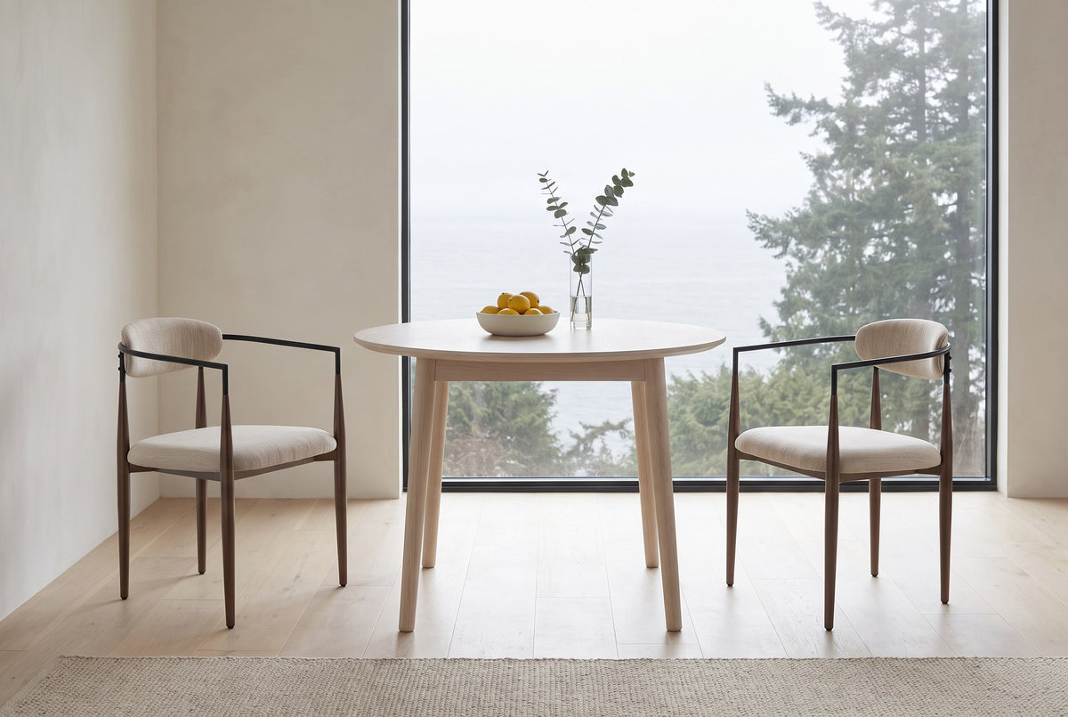 Two Fiuggi chairs either side of a round oak table in a Vancouver dining nook, a misty sea and evergreens through the window