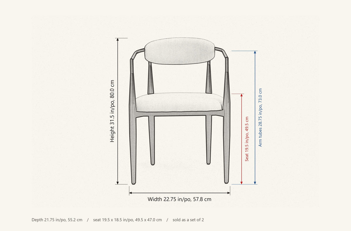 Fiuggi dimensions: 22.75 in wide, 21.75 in deep, 31.5 in high, seat 19.5 in high, arm tubes 28.75 in high