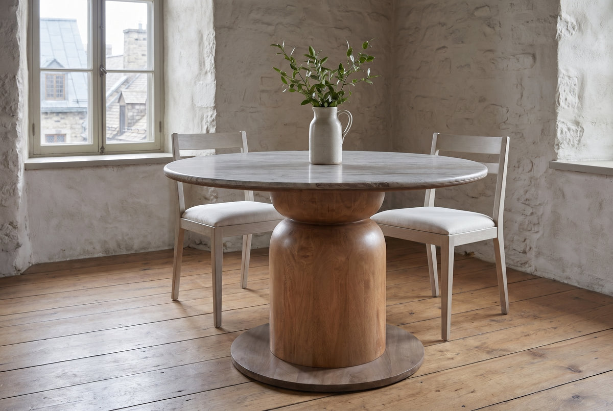 Fiumalbo dining table with two pale whitewashed chairs in a limewashed stone dining room in Quebec City