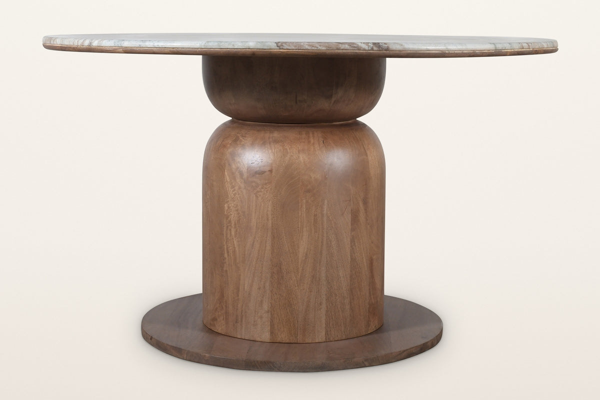 Fiumalbo dining table, side view: a short bowl on a round-shouldered column, pinched at the waist, on a flat round plinth