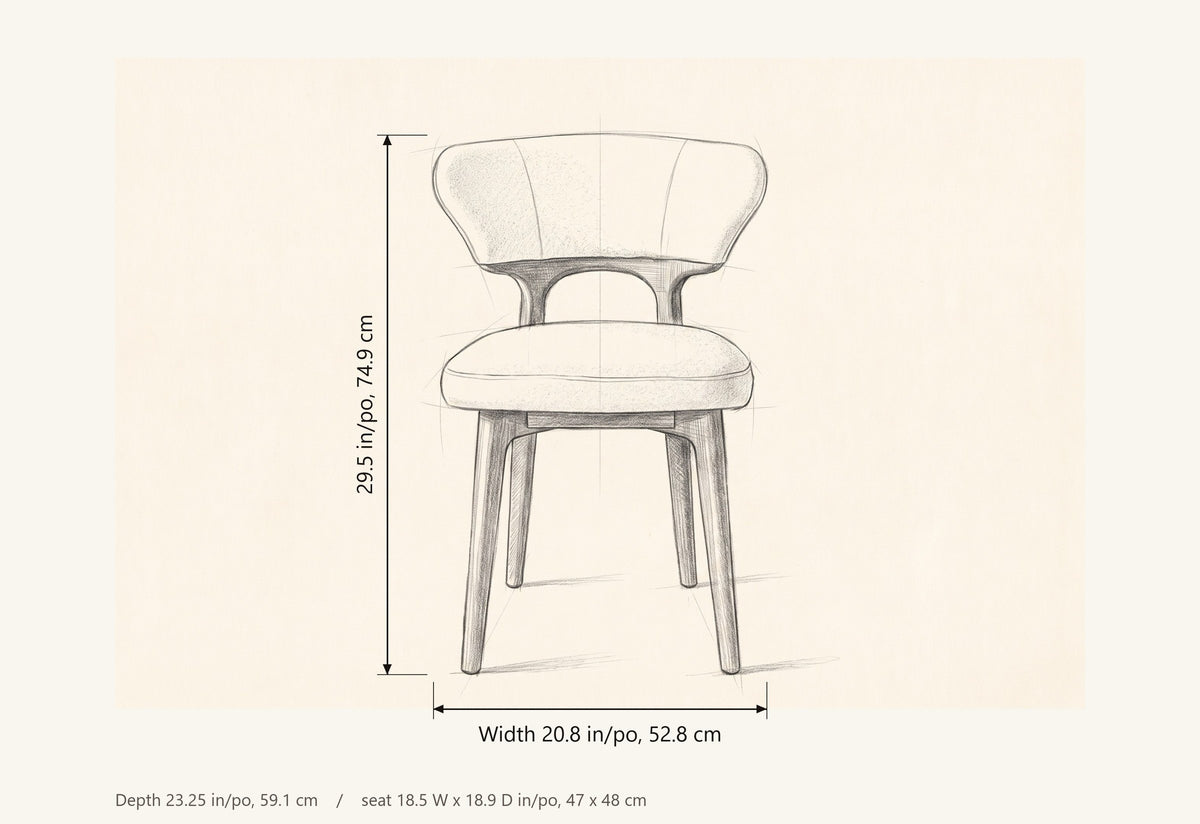 Fosdinovo dimensions: 20.8 in wide, 29.5 in high, 23.25 in deep, seat 18.5 in wide by 18.9 in deep