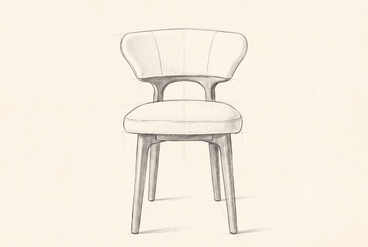 Pencil drawing of the Fosdinovo dining chair, front view
