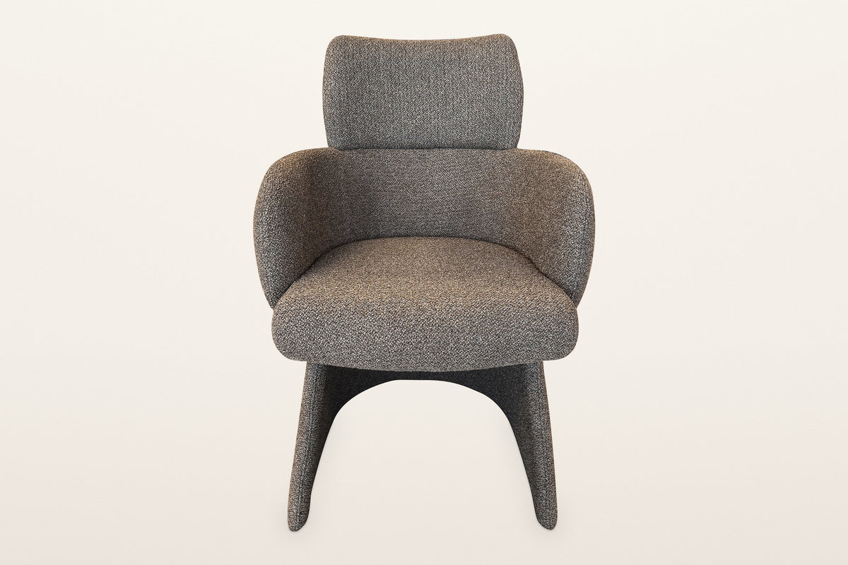 Frascati brown boucle dining chair, straight front view: the tall back cushion, rounded arms