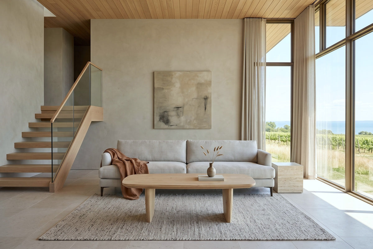 Frontino coffee table in Biscotti Oak facing the camera before a stone-grey linen sofa in a Picton house