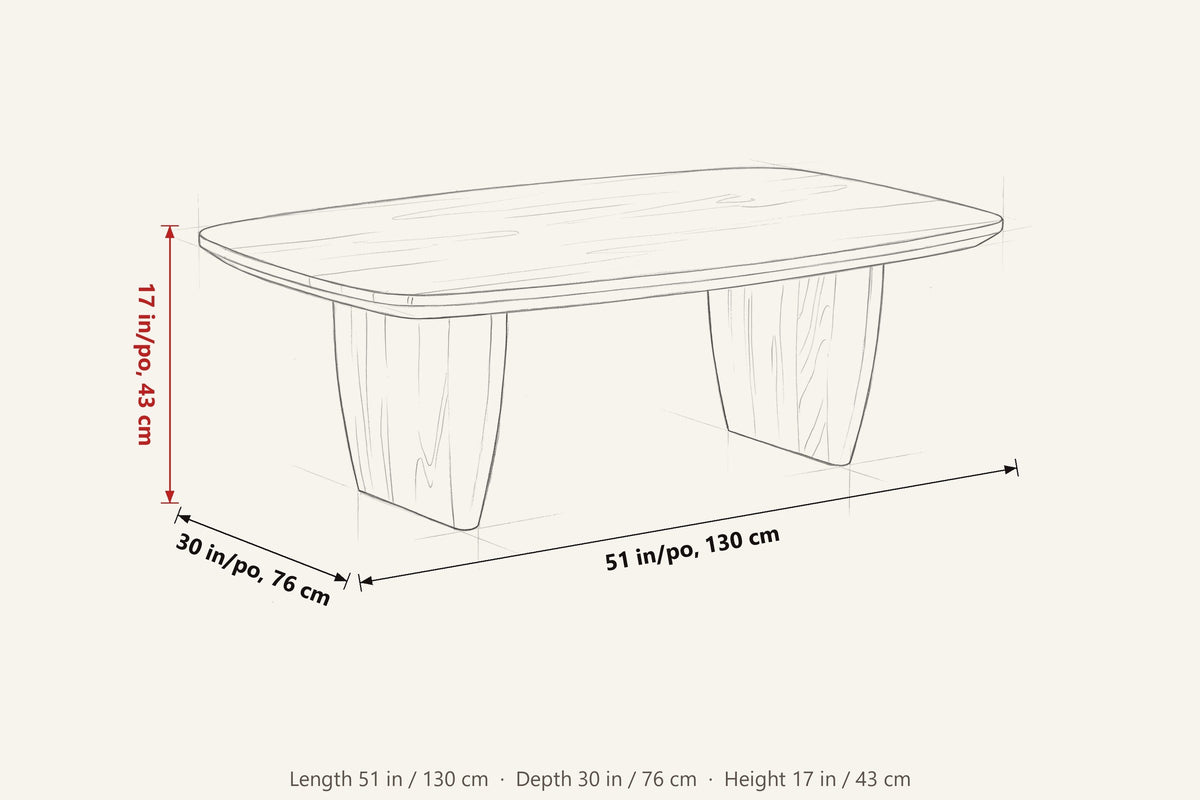 Frontino dimensions on a pencil sketch of the coffee table: 51 in long, 30 in deep, 17 in high