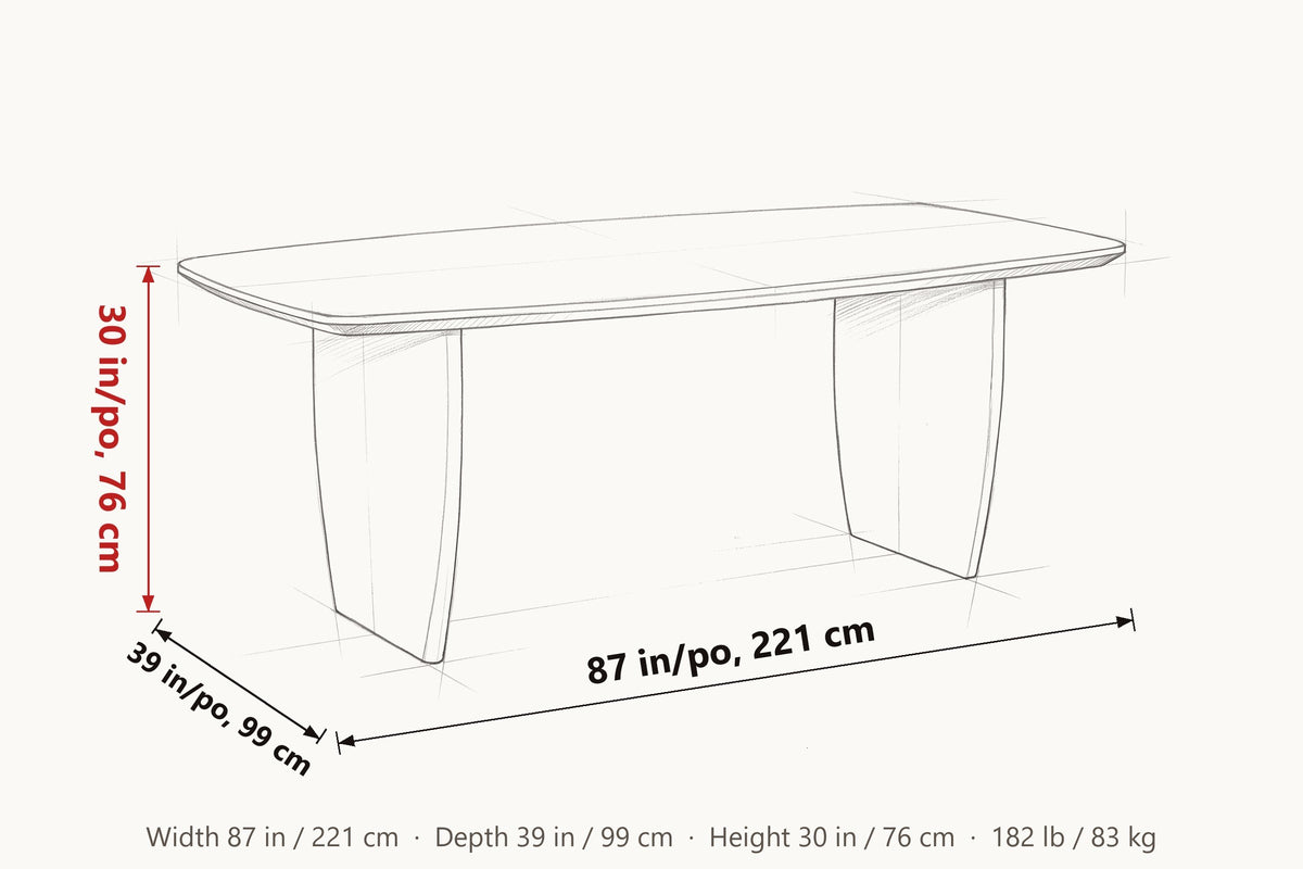 Frontino dimensions on a pencil sketch of the table: 87 in long, 39 in deep, 30 in high