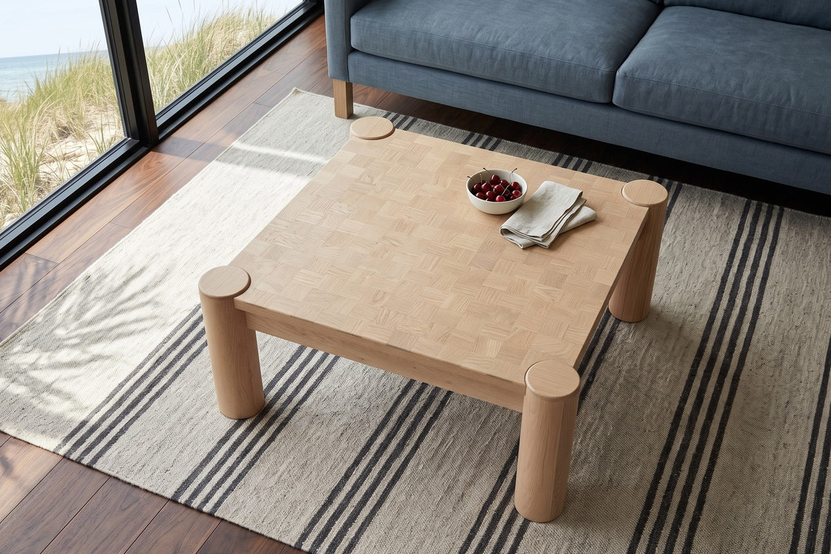 Furore coffee table in Biscotti Oak seen from above in a Sauble Beach house, on a striped rug before a slate-blue linen sofa