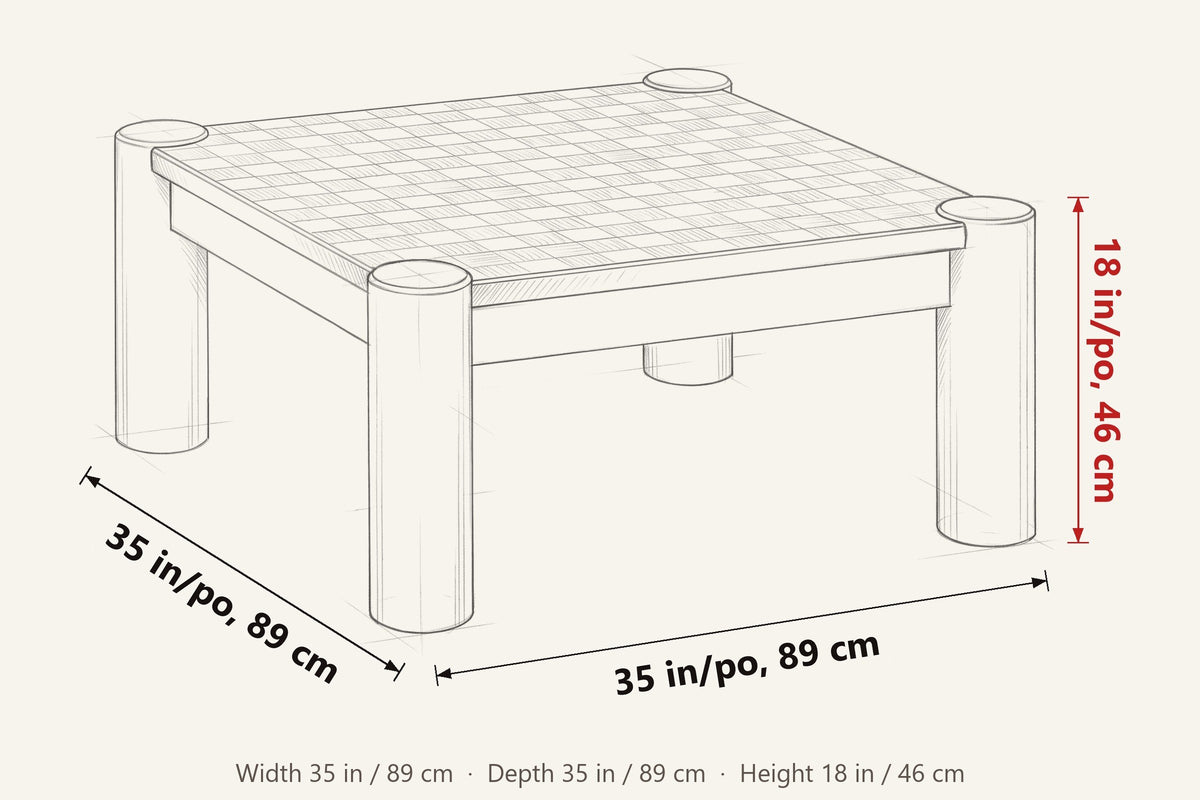 Furore dimensions on a pencil sketch of the table: 35 in wide, 35 in deep, 18 in high