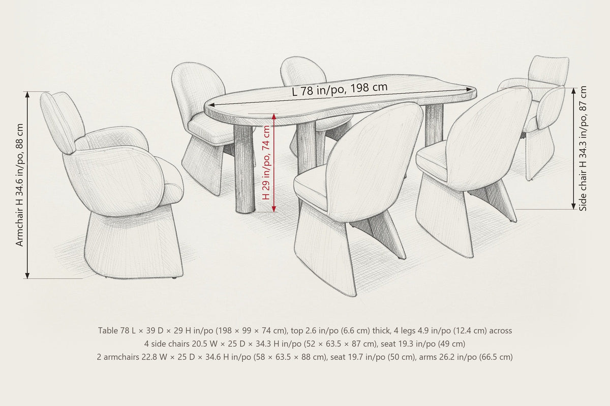 Gaiole dimensions drawn on the pencil sketch: table 78 in long, 39 in deep, 29 in high; side chair 34.3 in high