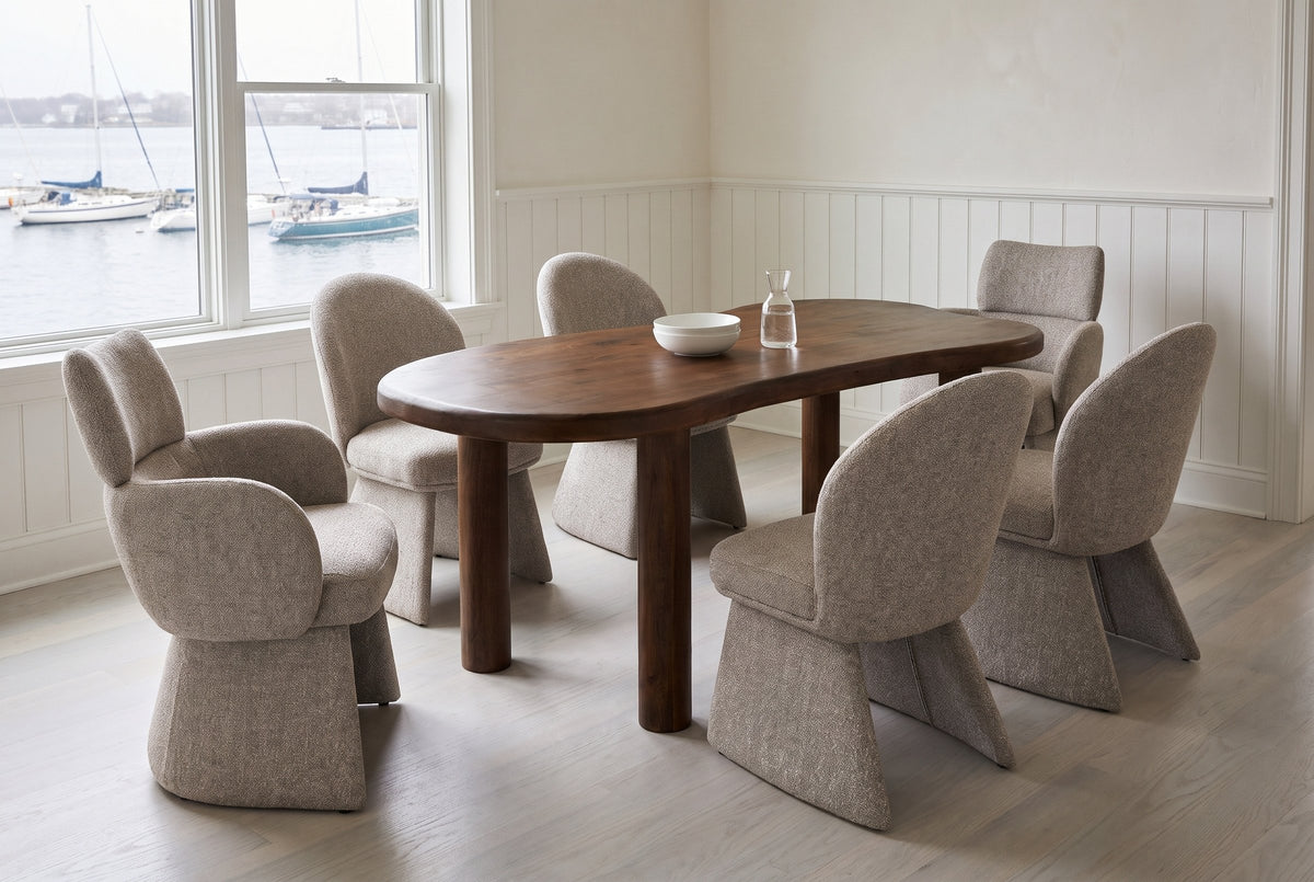 Gaiole dining set in a Halifax harbour house with white panelled walls, sailboats on the harbour through the wide window