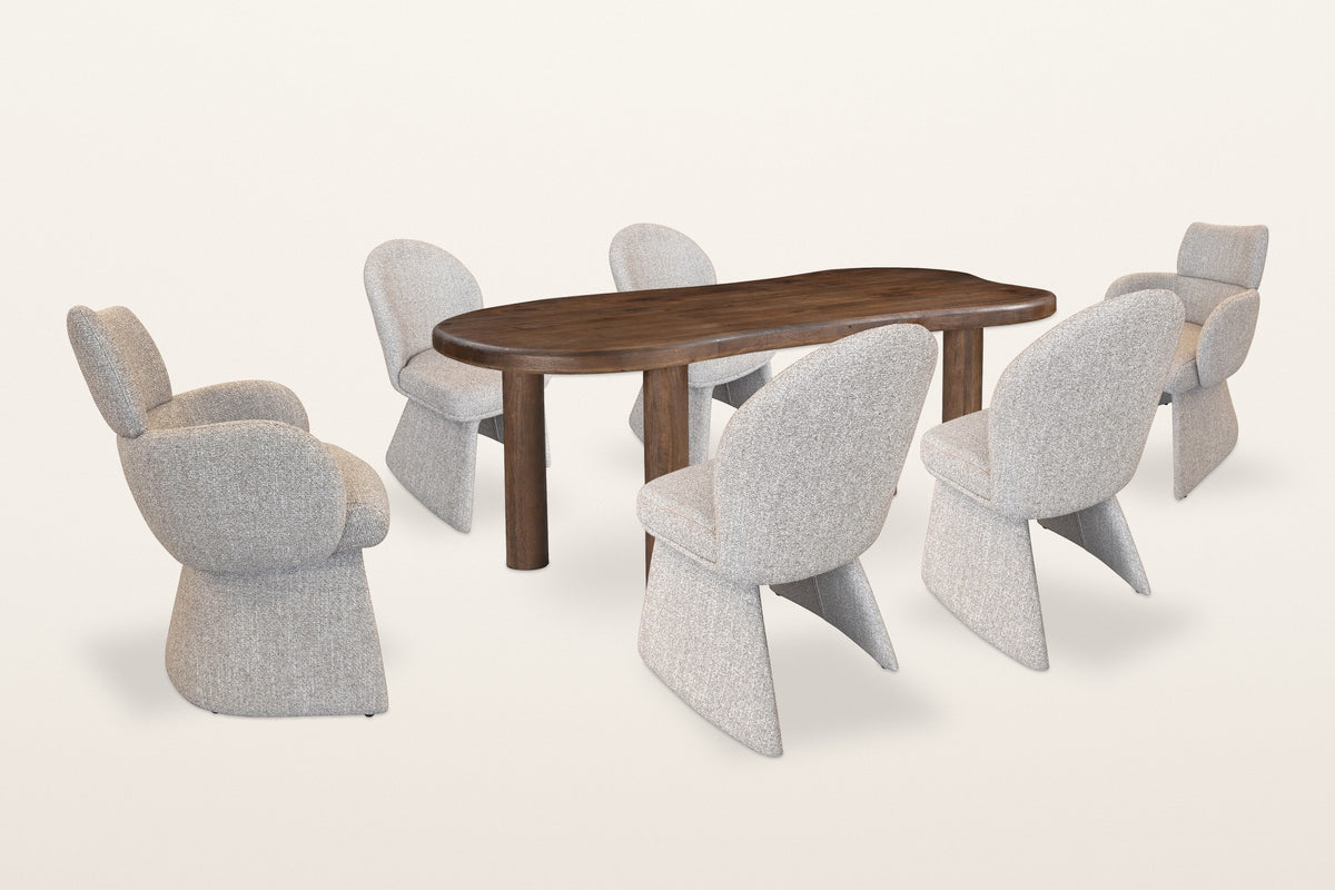 Gaiole 7-piece dining set, three-quarter view on a warm white studio backdrop: a freeform solid mango table in dark walnut