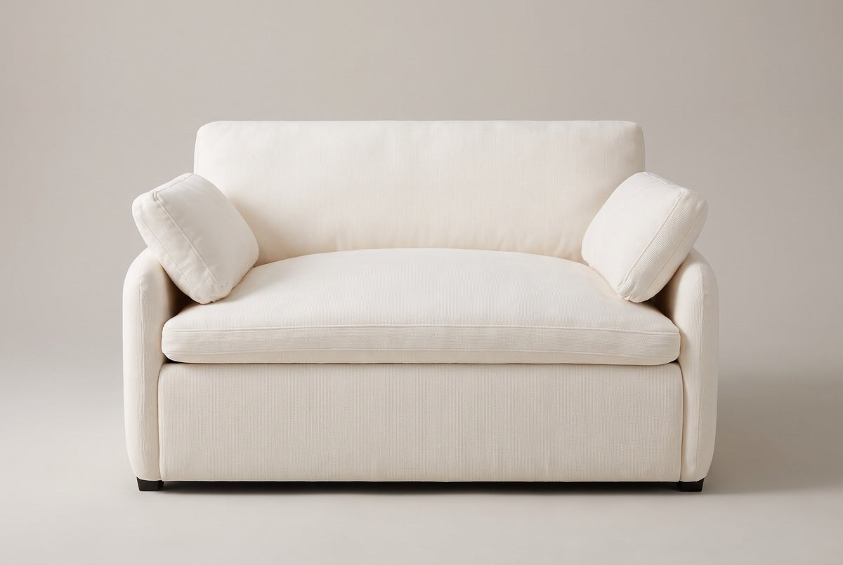 Gallipoli chair in ivory white, straight front view: one wide seat cushion, one back cushion