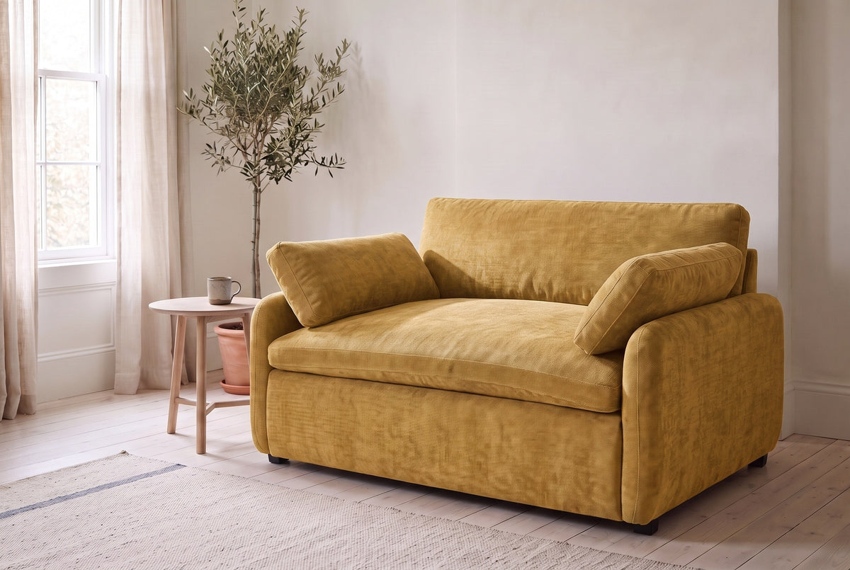 Gallipoli chair in mustard yellow in a bright Halifax living room in the morning