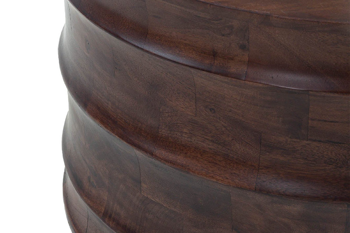 Close-up of the Gangi side in Walnut: curved bands and rims built from small mango blocks laid like brickwork