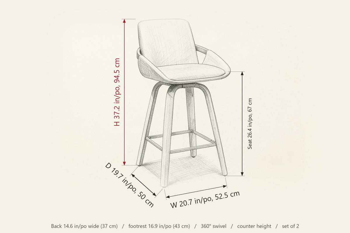 Gardone dimensions on a pencil sketch of the stool: 37.2 in high, 19.7 in deep, 20.7 in wide, seat height 26.4 in