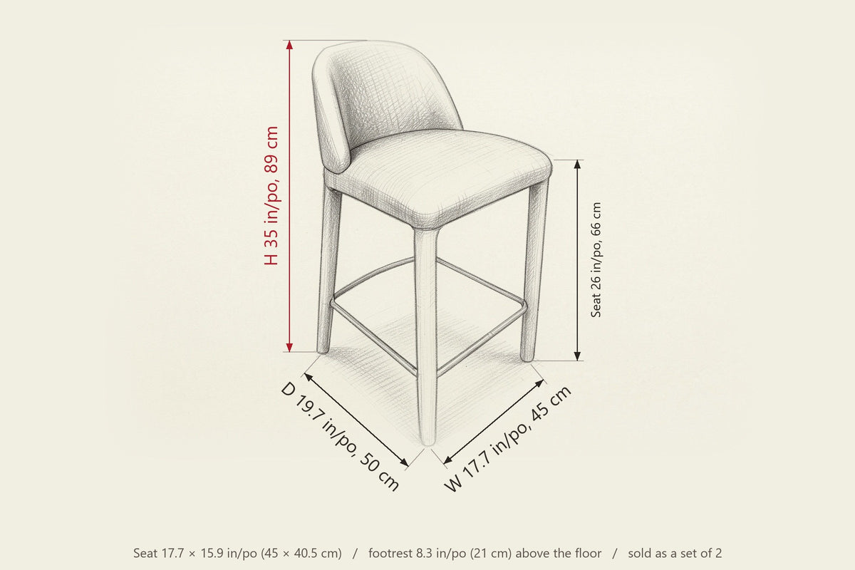 Gavi dimensions on a pencil sketch of the stool: 35 in high, 19.7 in deep, 17.7 in wide, seat height 26 in