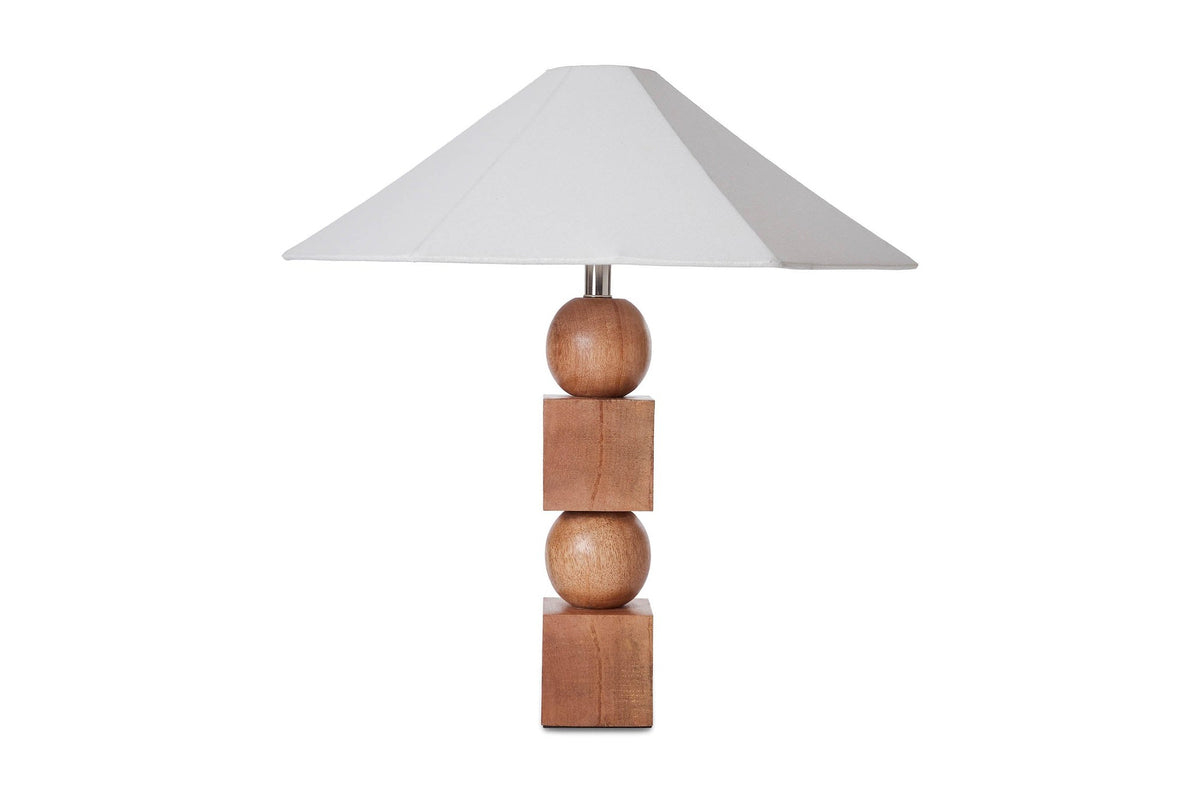 Geneva stacked mango wood table lamp with white hexagonal cotton shade, front view