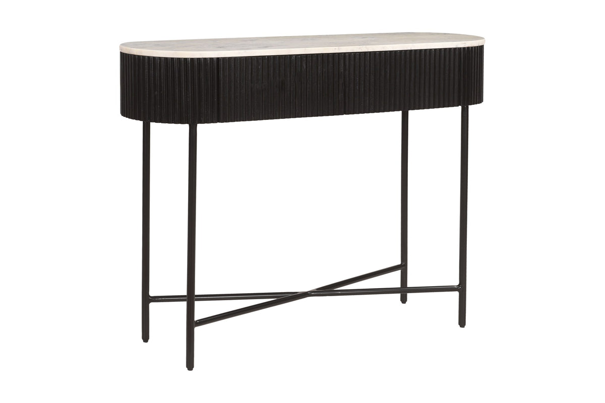 Gideon console table in black with white marble top and black legs, three-quarter view
