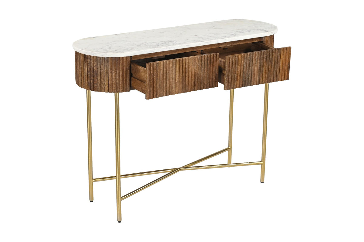 Gideon walnut console table with both drawers open