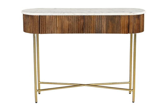 Gideon Marble Top Reeded Mango Wood Console Table - Sized for Narrow Spaces