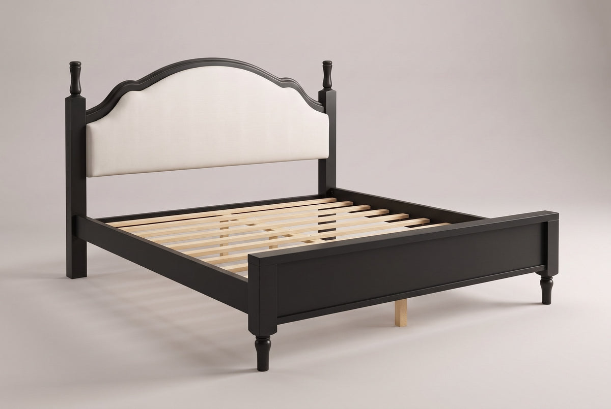 Gradara camelback bed with a black painted wood frame and beige linen-look upholstered headboard