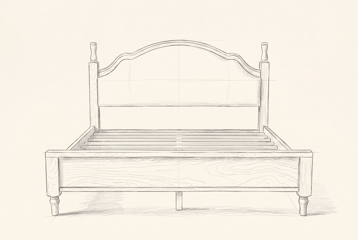 Pencil drawing of the Gradara camelback bed traced from the front view