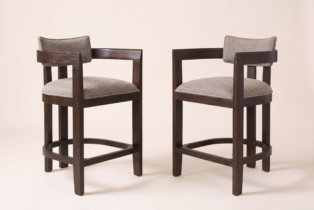 Gradisca counter stools, set of 2, in Espresso with taupe boucle, angled toward each other on a warm off-white backdrop
