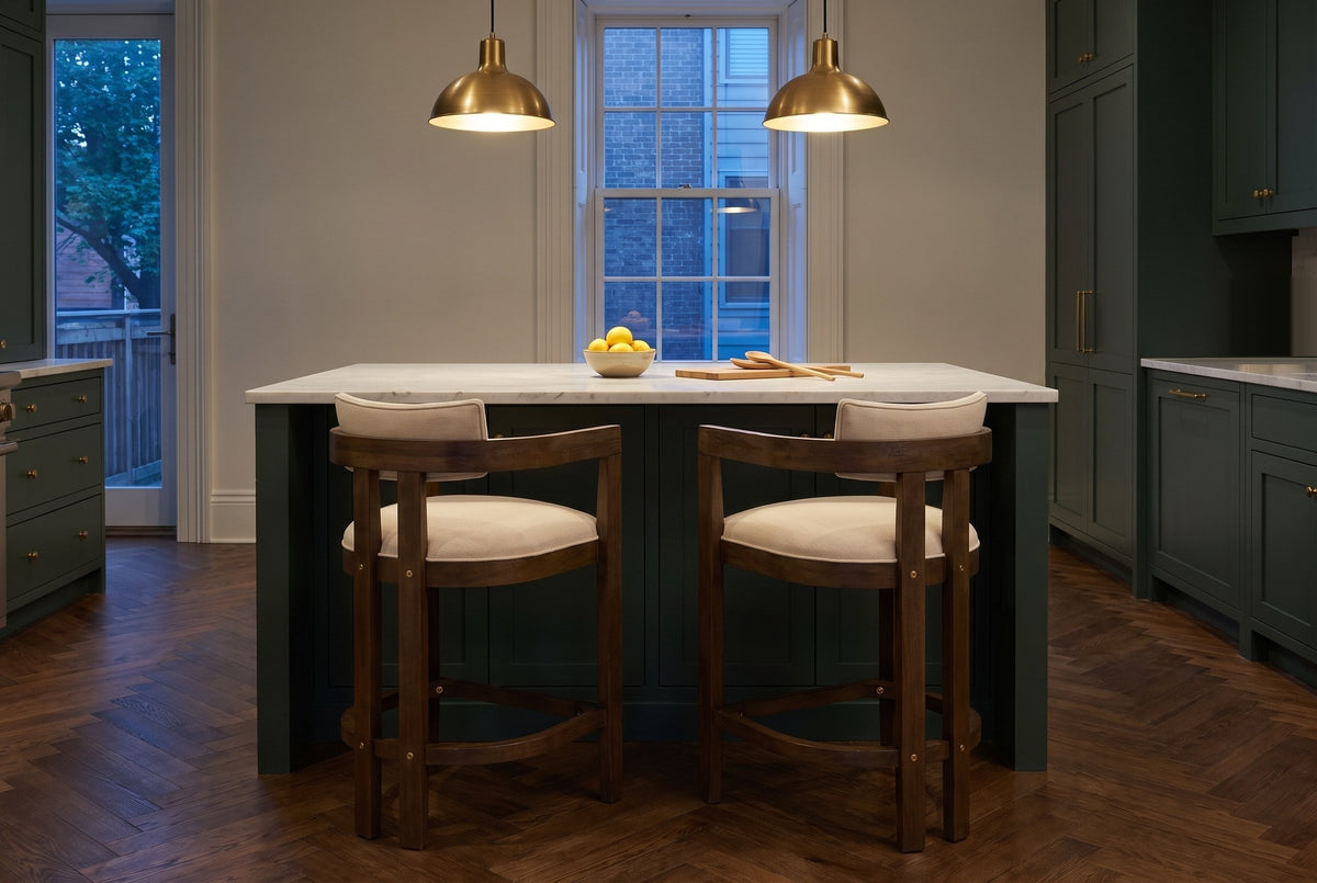 Two Gradisca counter stools at a marble island under brass pendants in a Toronto townhouse kitchen at dusk