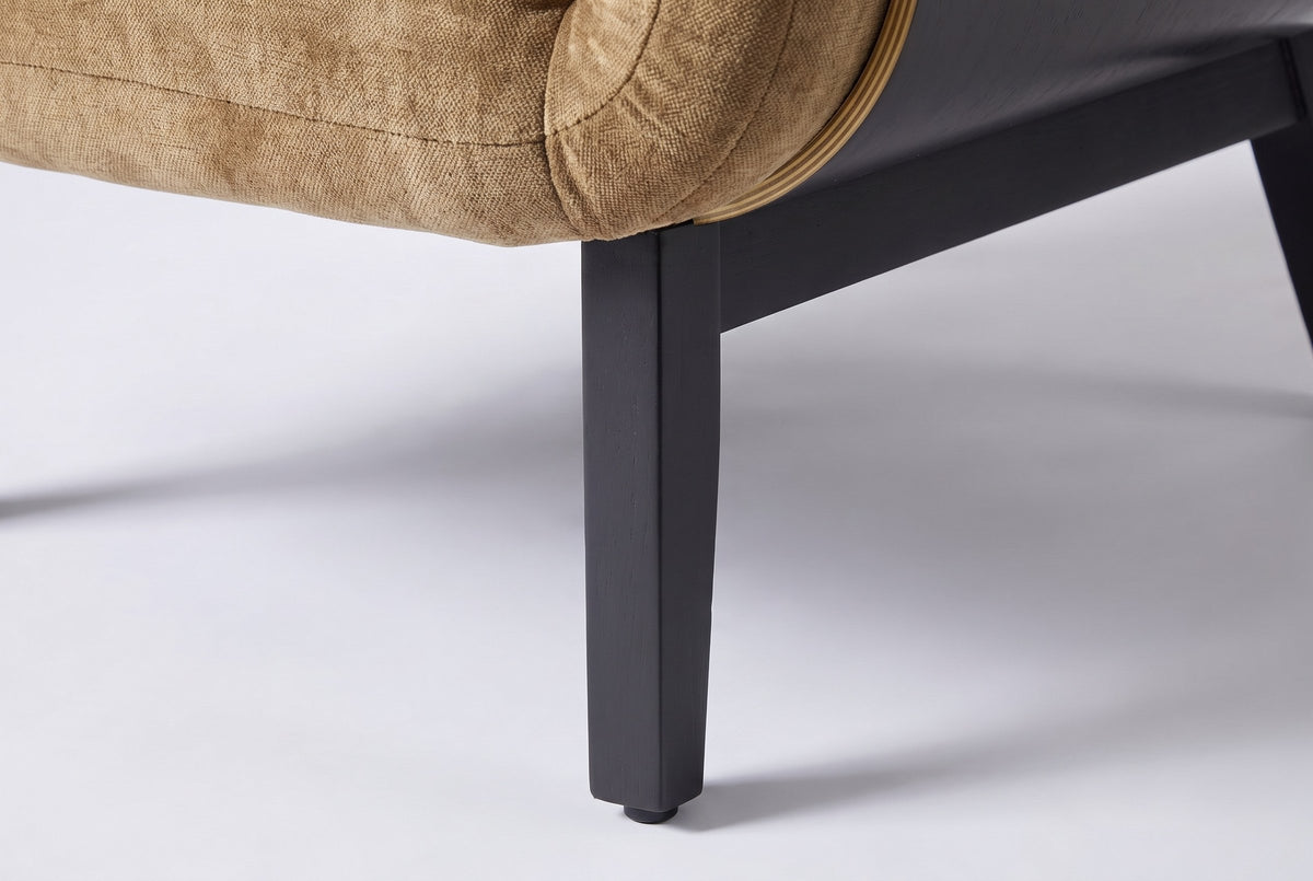 Close-up of a square black-painted leg with its floor glide and the side rail under the wood panel