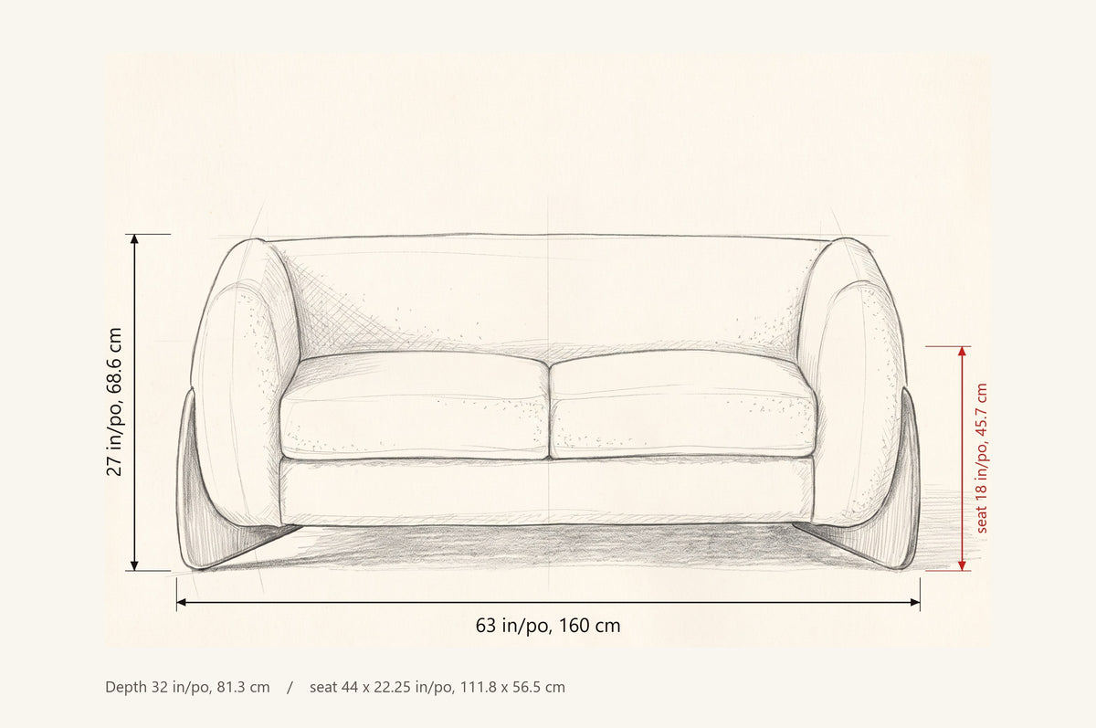 Greccio loveseat dimensions: 63 in wide, 27 in high, seat 18 in high, 32 in deep