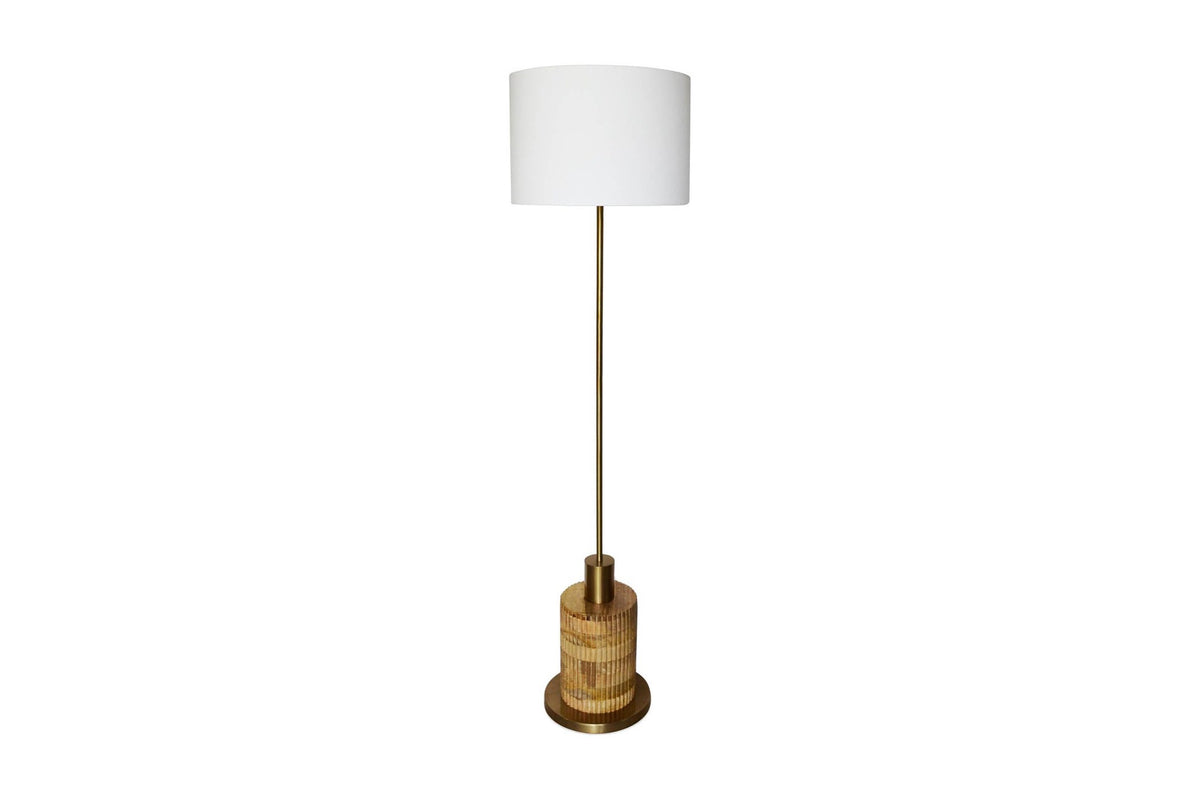 Hadrian brass and reeded wood floor lamp with off-white drum shade, front view