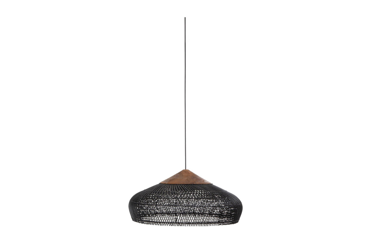 Halden black rattan and reclaimed teak pendant light, side view