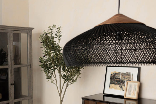 Halden Black Rattan and Reclaimed Teak Pendant Light - Woven by Hand