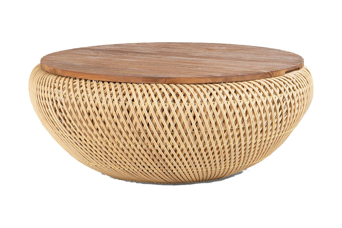 Halden reclaimed teak and rattan round coffee table, three-quarter view