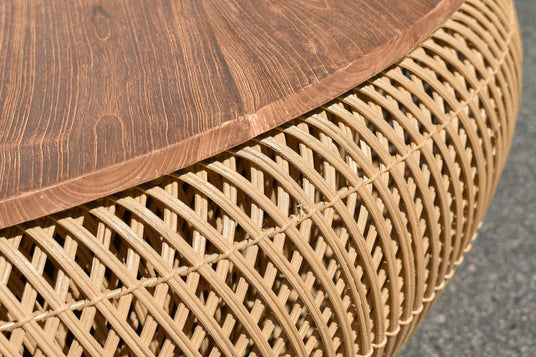 Halden Reclaimed Teak and Rattan Round Coffee Table - An Open, Airy Weave