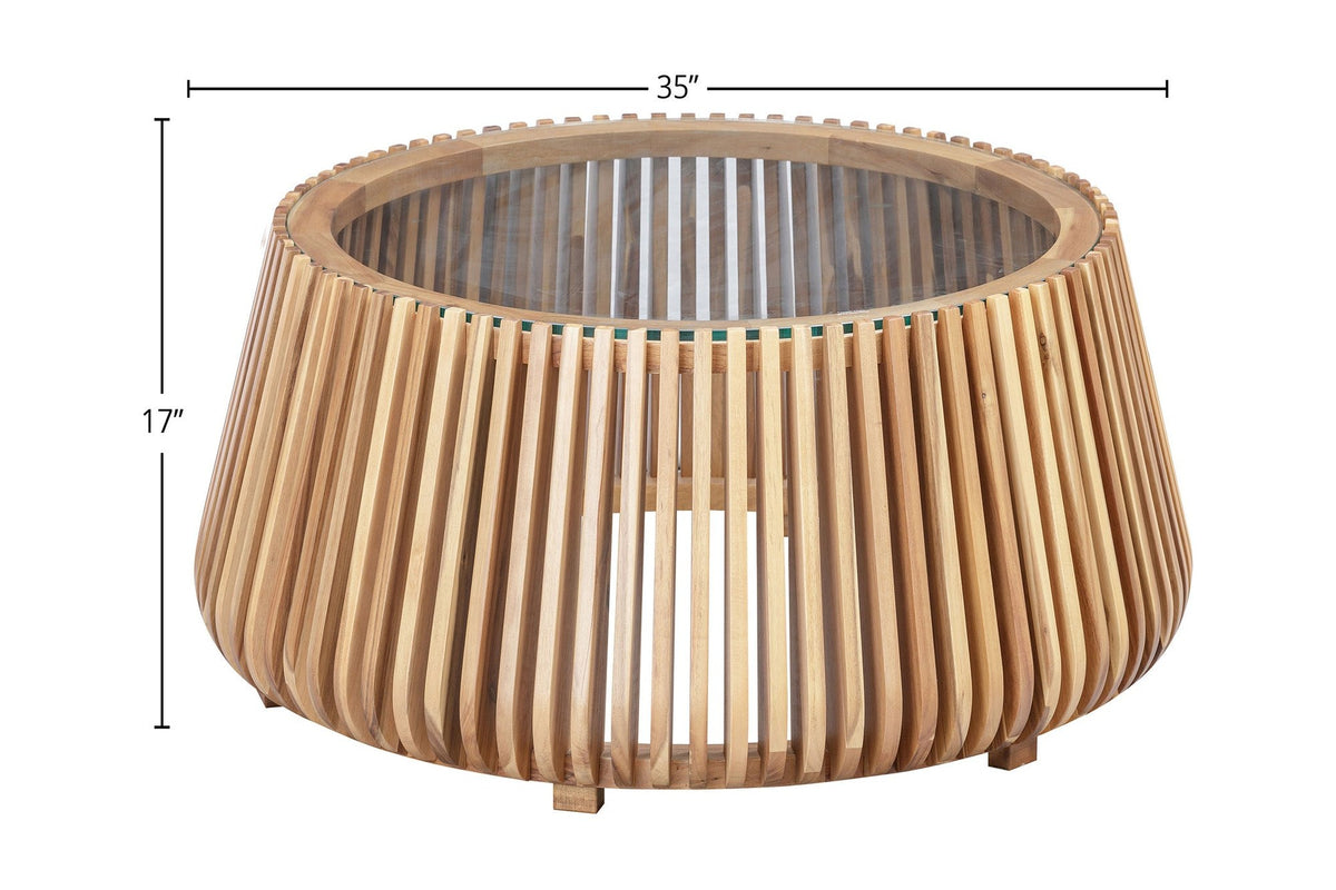 Hartley coffee table dimensions: 35 in diameter and 17 in high