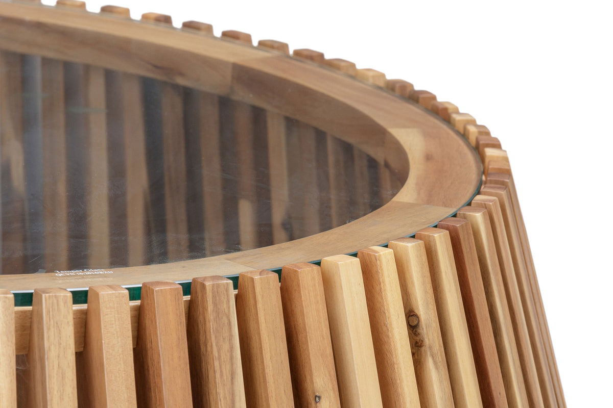 Close-up of the wooden rim and tempered glass top on the Hartley table