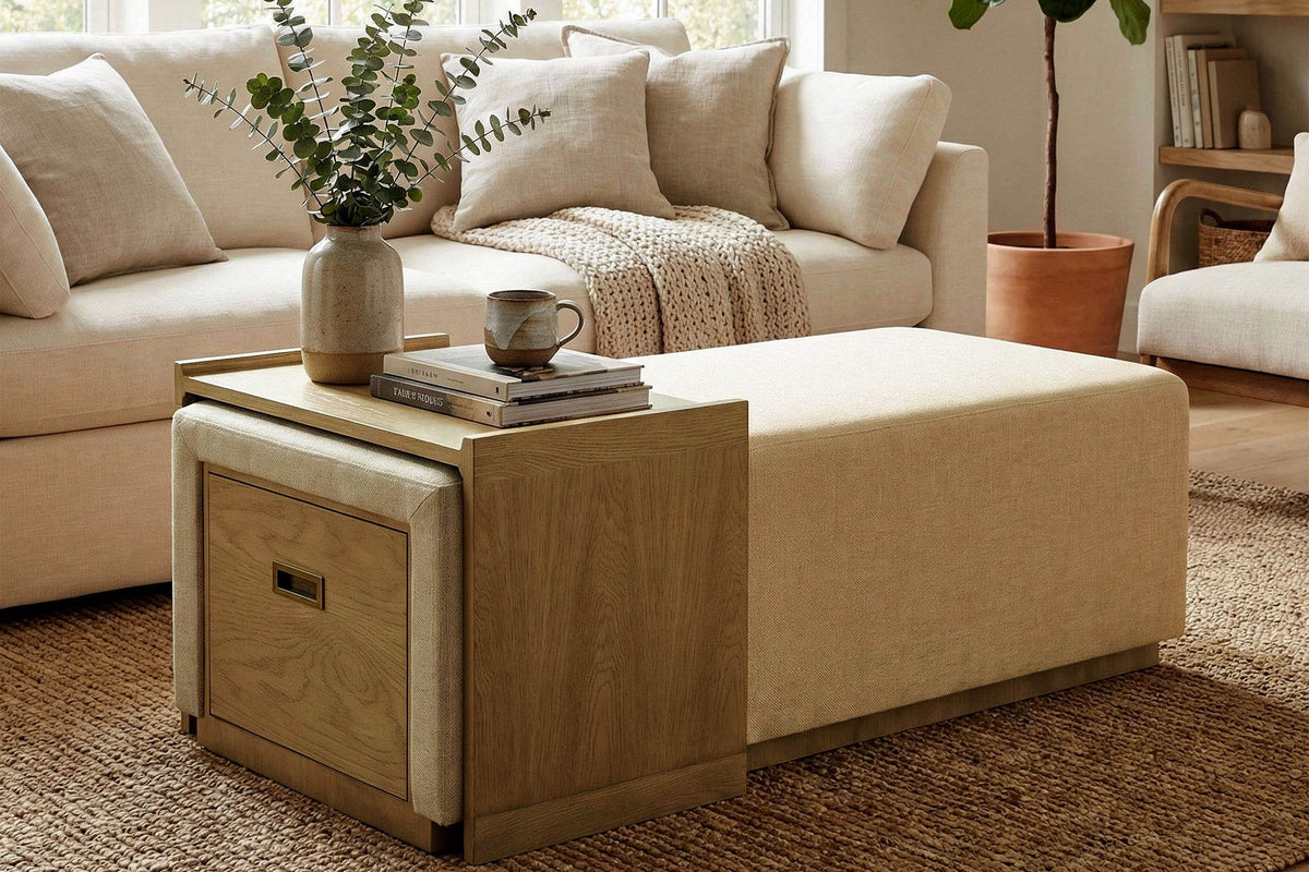 Helena ottoman in a bright living room with the wood tray slid to one end