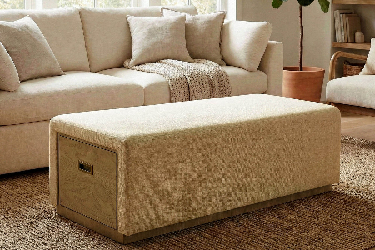 Helena barley chenille ottoman without its tray in front of a cream sofa