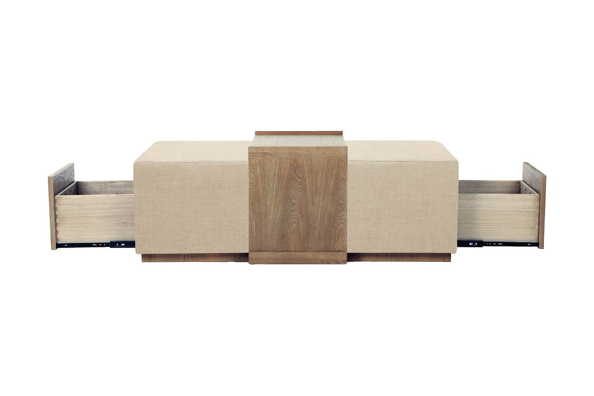 Helena ottoman front view with drawers open at each end