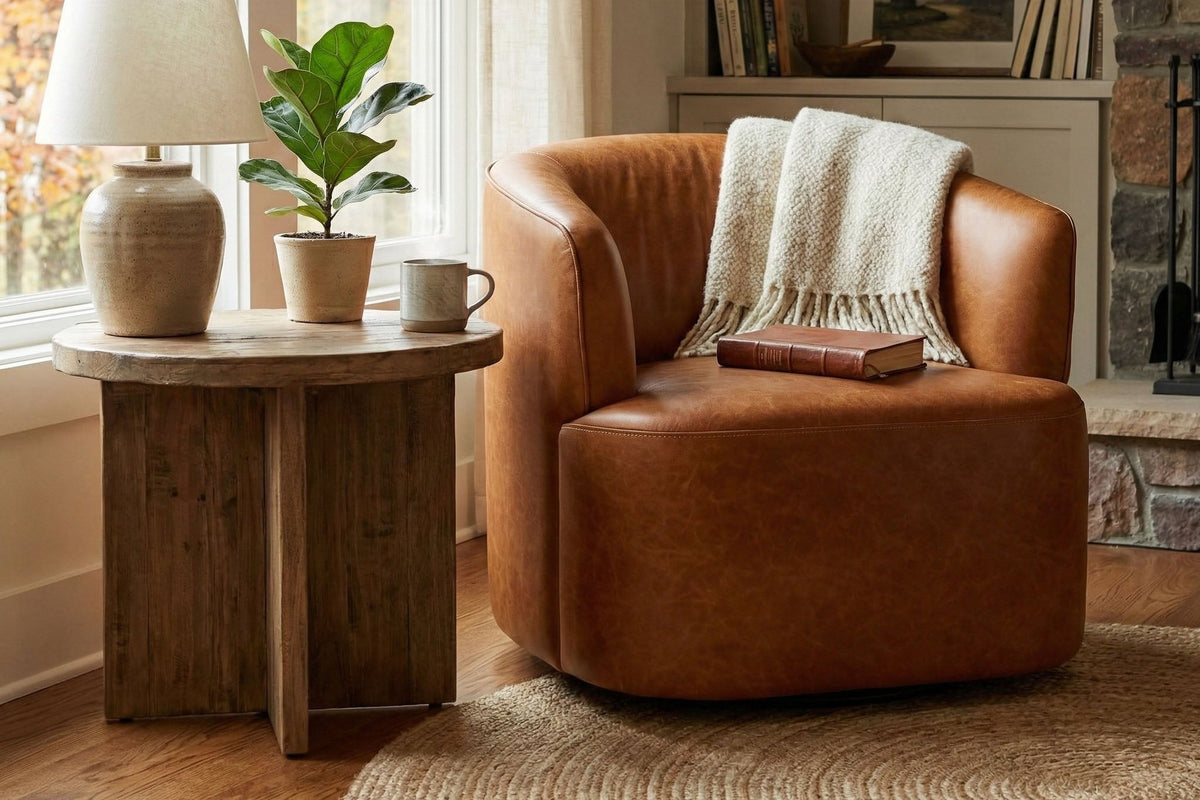 Hollis Saddle leather swivel chair in a reading nook beside bookshelves and a window