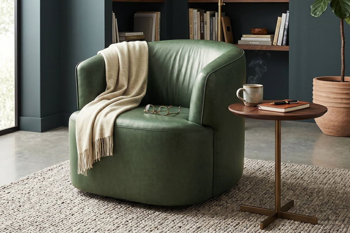 Hollis Forest Green leather swivel chair in a dark-walled home library