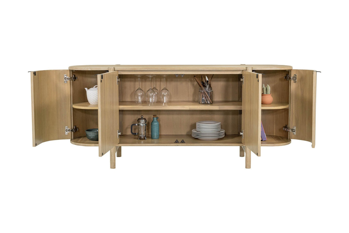 Ilaria sideboard open and styled with plates, glassware and serving pieces