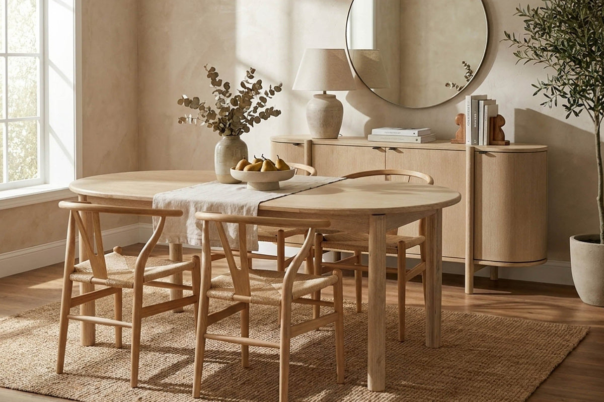 Ilaria oval dining table with wishbone chairs and the matching curved sideboard