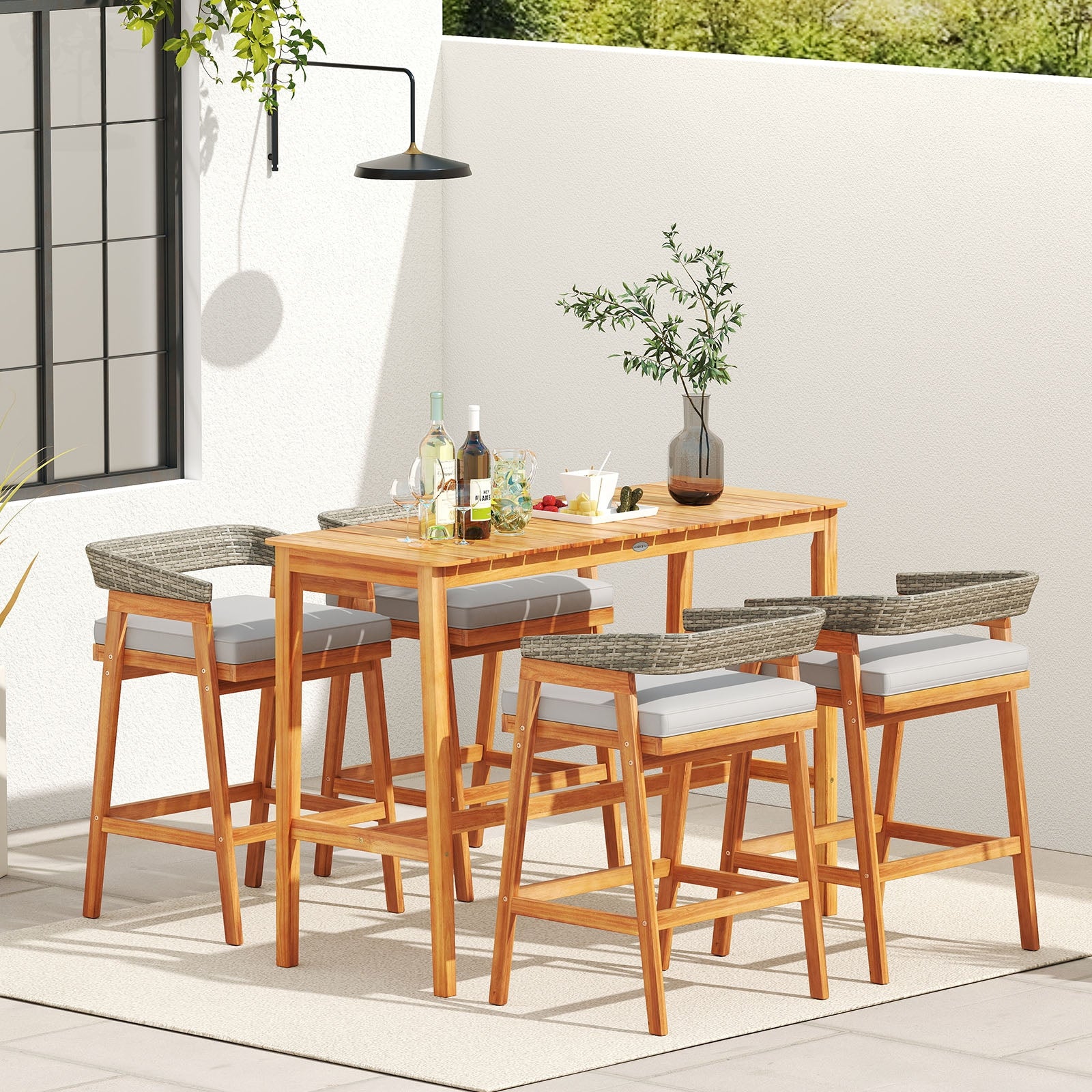 5 Pieces Patio Counter Height Bar Set with 4 Cushioned Barstools
