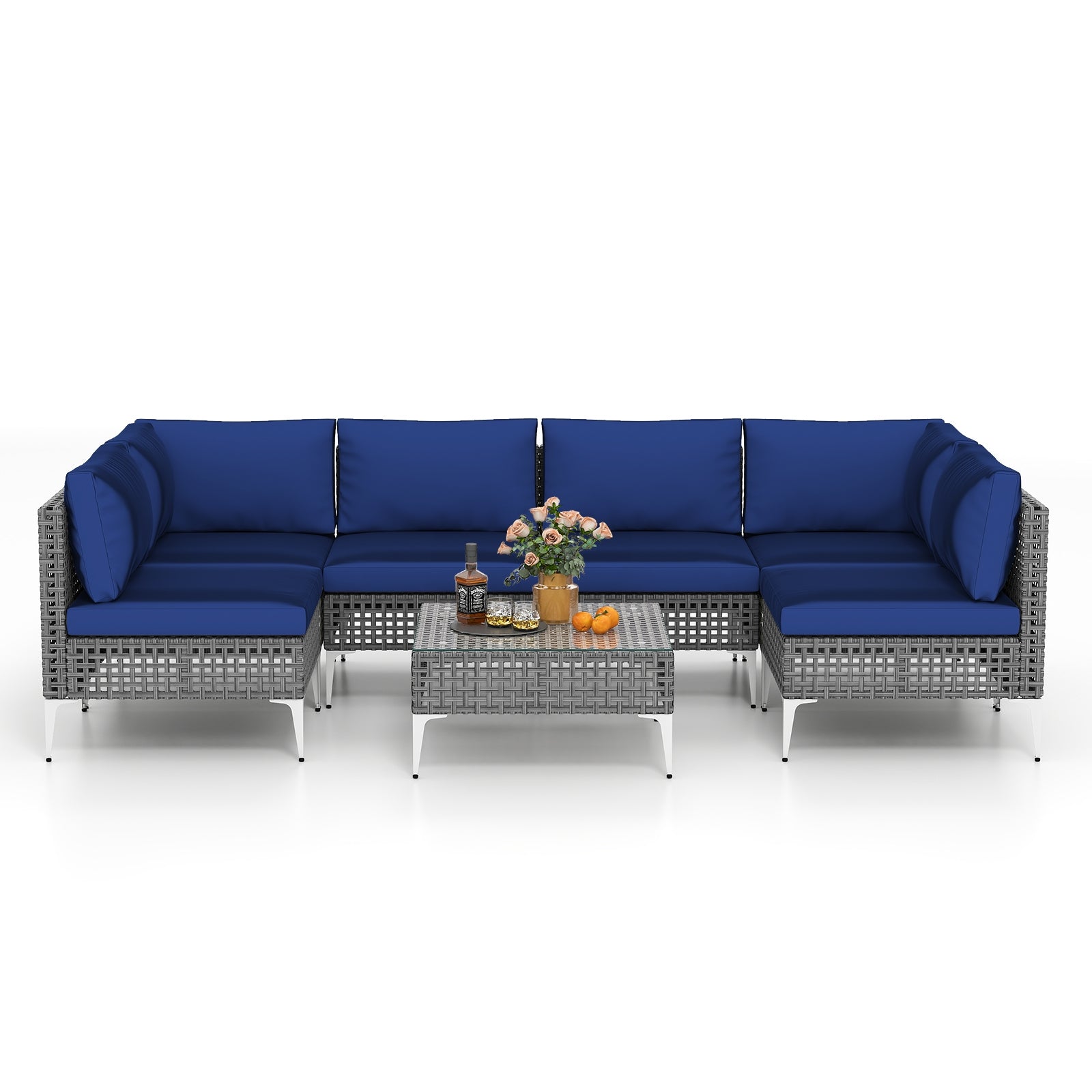 7 Piece Outdoor Furniture Set Wicker Chairs with Tempered Glass Coffee Table