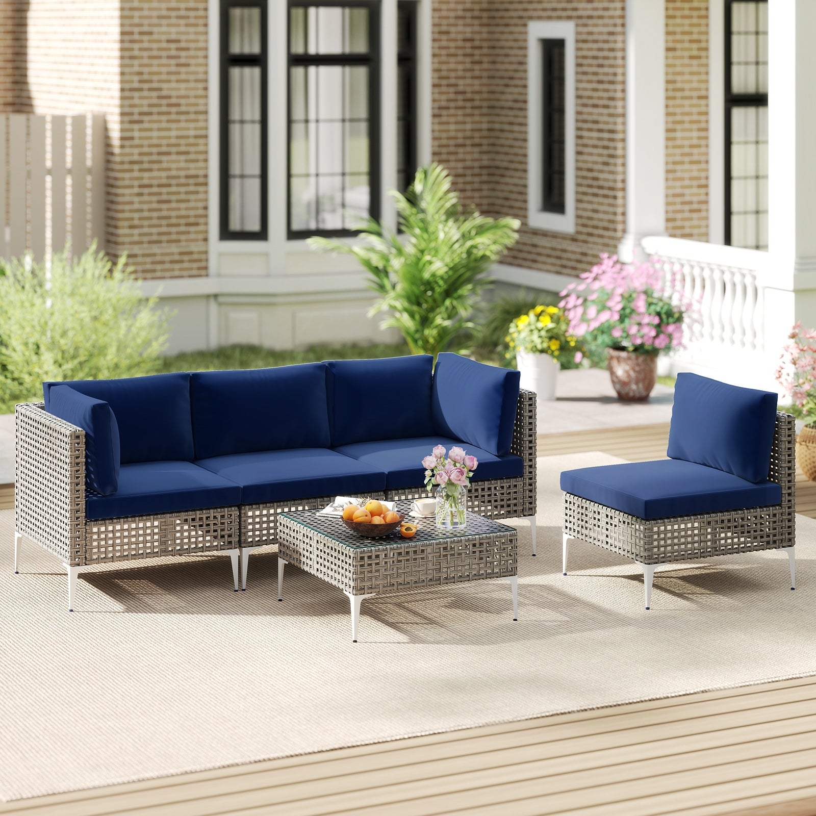 5 Piece Outdoor Furniture Set Patio Rattan Chairs with Tempered Glass Coffee Table