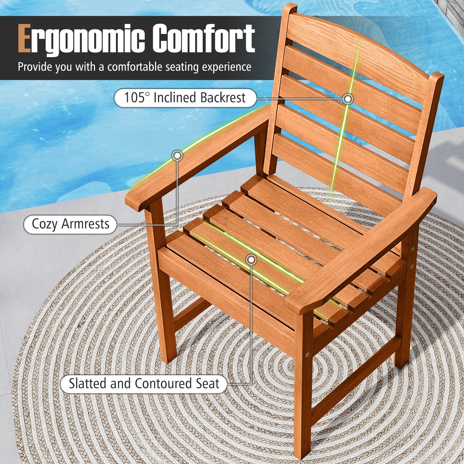 7 Pcs Outdoor Dining Set Teak Oil Finish Slatted Rectangular Dining Table and 6 Armchairs